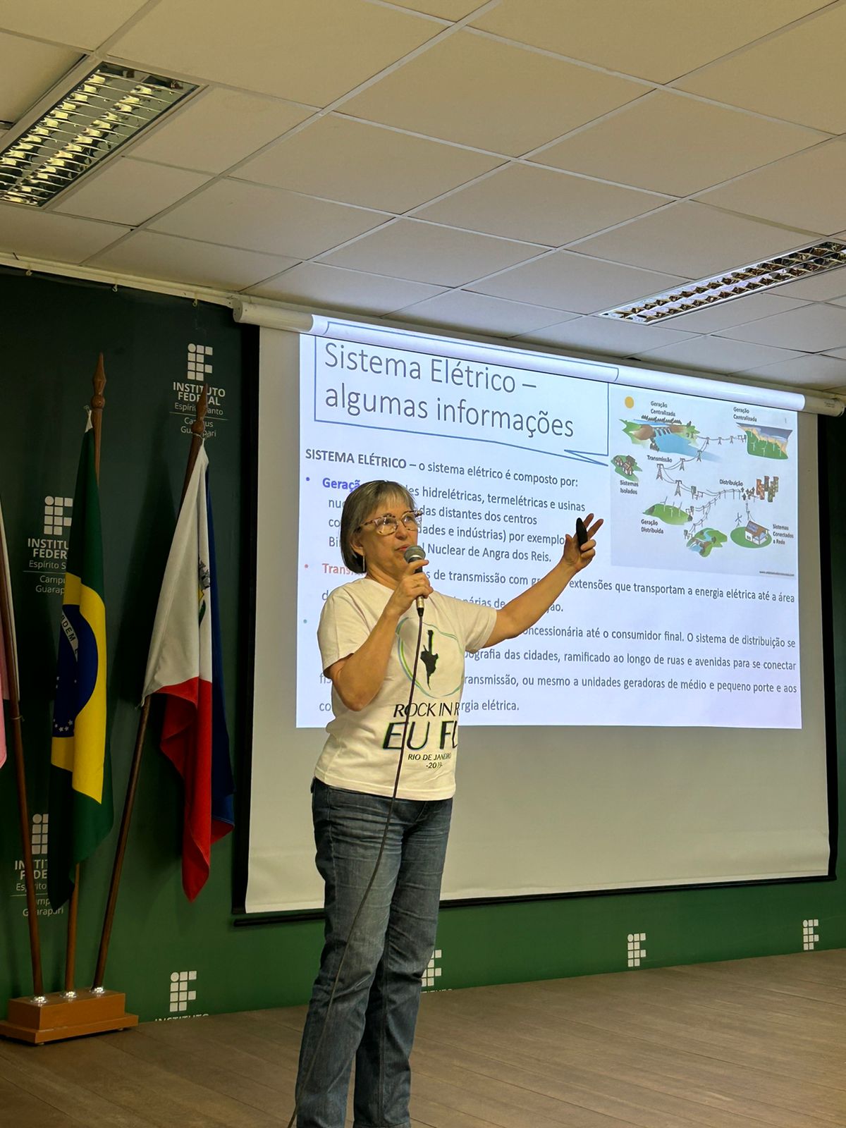 No palco do Audit&oacute;rio, uma palestrante discursa. Na proje&ccedil;&atilde;o da tela, ao fundo, h&aacute; os dizeres "Sistema El&eacute;trico - algumas informa&ccedil;&otilde;es"